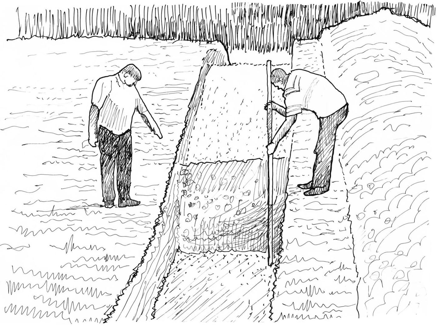 Sketch of archaeologists excavating the site of the new house